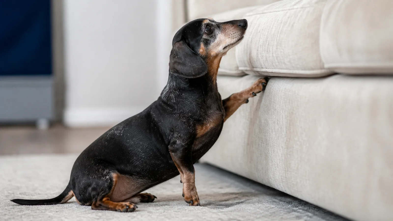 Senior Dachshund sitting indoors, looking up at a couch that it cannot climb on to, with paw up like it wants to.