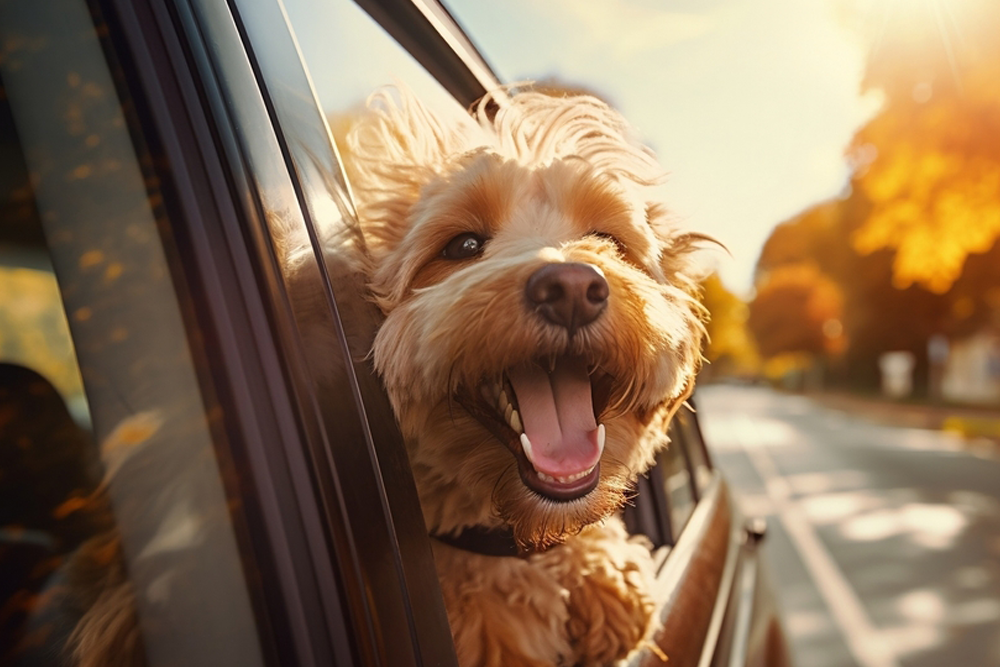 A happy dog ready for travel.